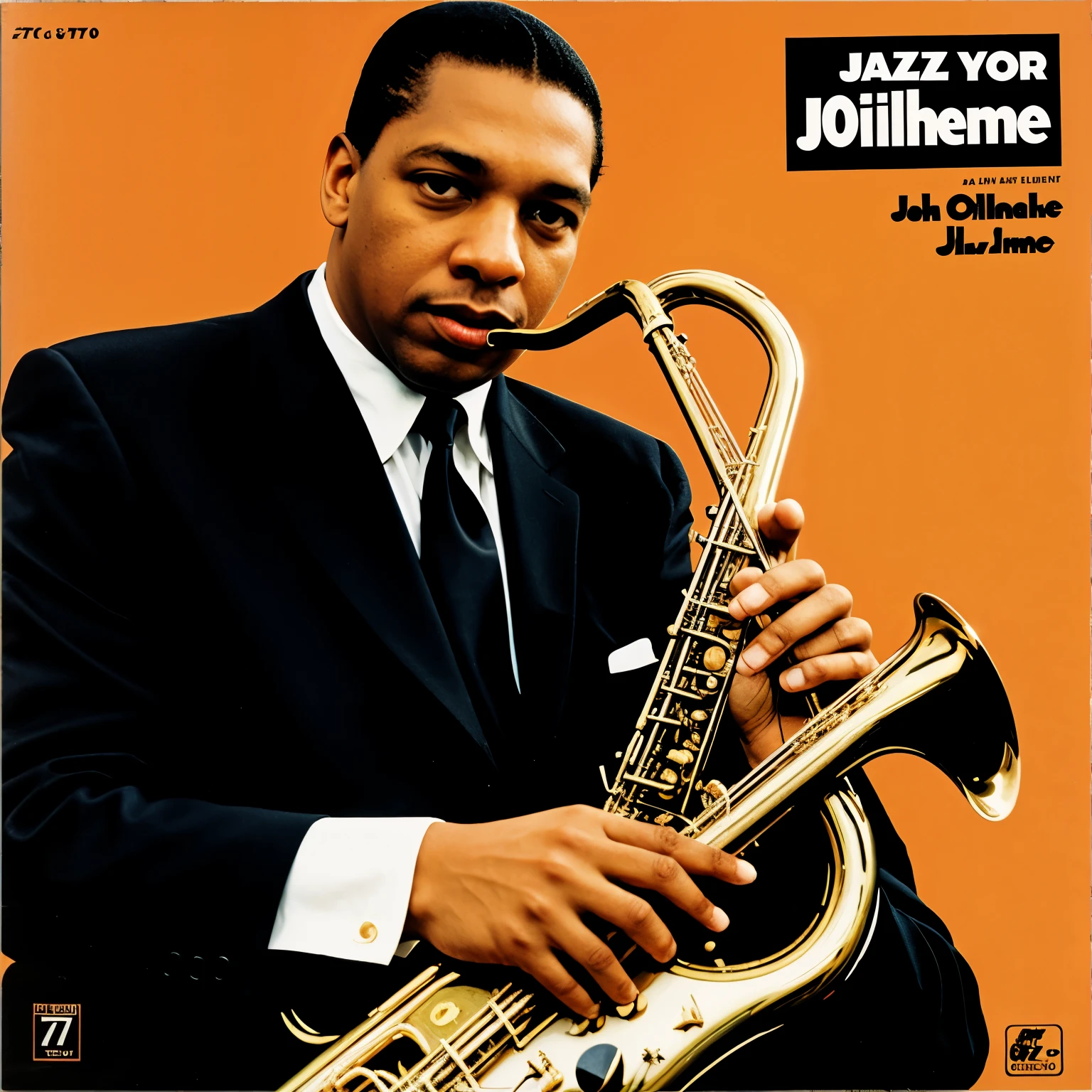Jazz cover, 70s, style John Coltrane, instruments, cartoons