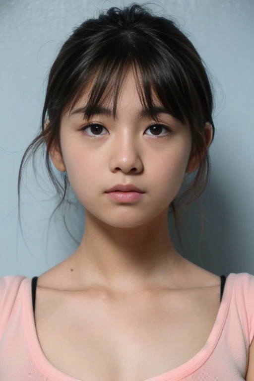 (((SAD FACE EXPRESSION:1.1)), ((NECK LACE)), ((GOTHIC BLACK EYELASHES & LIPS)), ((BLACK LIPS)), ((Very Shorthaircut)), adorable, 1 girl, (face to face), 10 years old, baby face, happy, half body portrait, (face details: 1), (eye details: 1), ((tiny breasts)). ((croptank leopard pattern)), ((net stockings)), lingerie ((red lips)), view from lie down