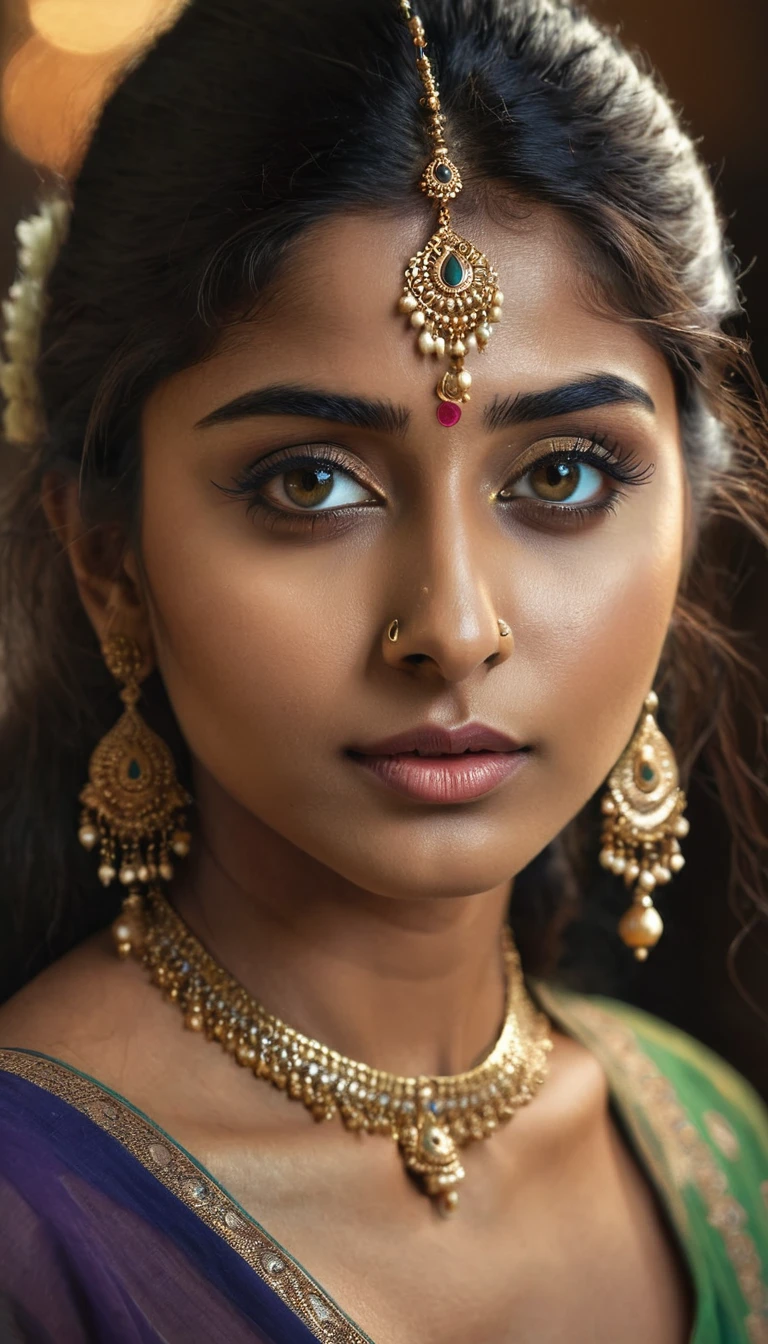 a beautiful mysterious indian woman, intricate detailed face, piercing eyes, long eyelashes, delicate skin, natural beauty, flowing hair, candid elegant pose, dramatic lighting, cinematic mood, muted color palette, chiaroscuro lighting, high quality, photorealistic, 8k, intricate details, professional rendering