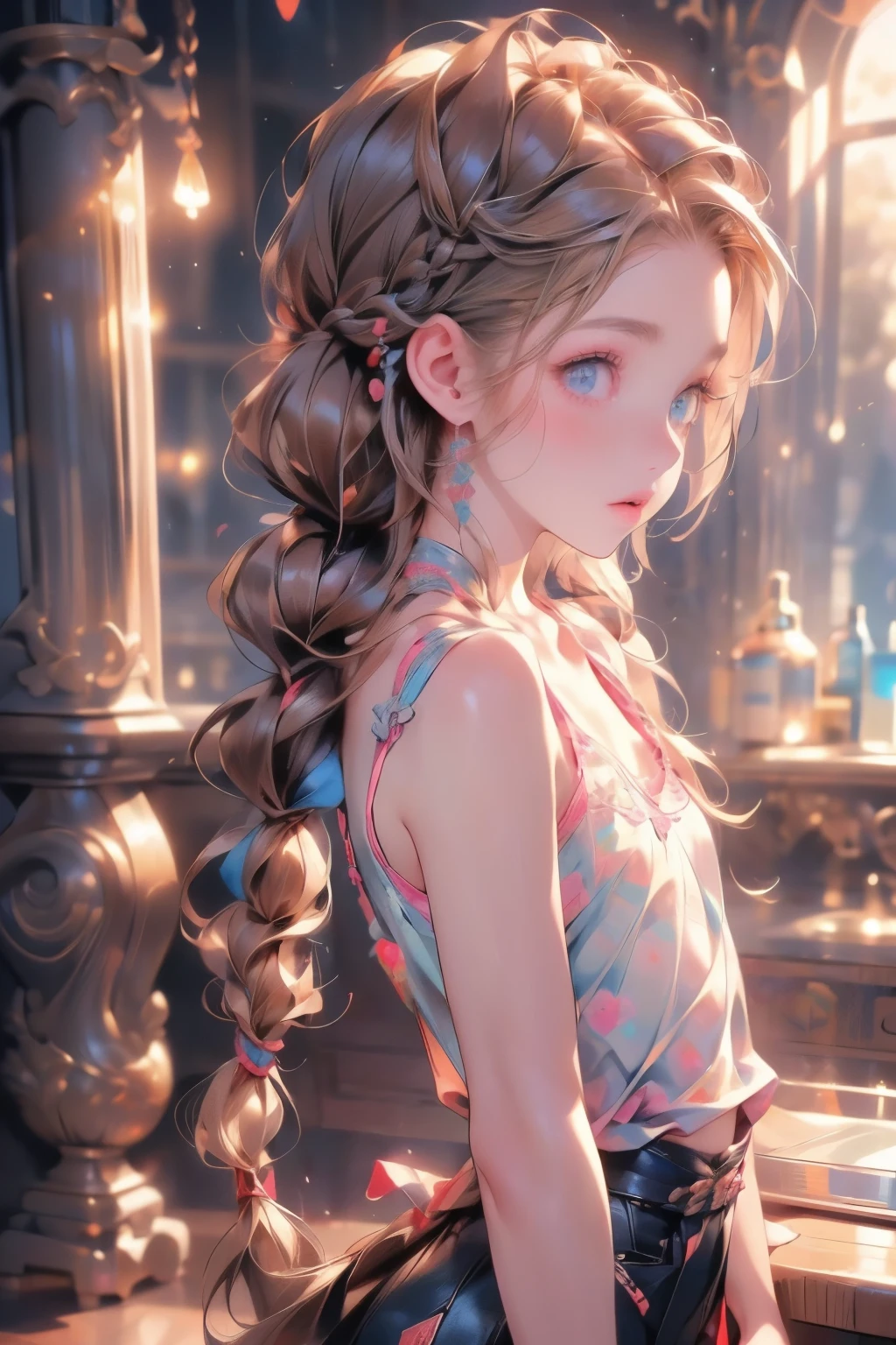 ((best quality)), ((masterpiece)), (detailed), 1girl, (big forhead:1.2),extremely detailed cute anime face, (((flat chest))), (flat chest:1.1),((((long twin braids,tight braids,long braid,braided hair,long hair)))),intricate eyes,beautiful detailed eyes,symmetrical eyes,(((detailed face))),beautiful detailed lips, looking at this, (((embarrassed))),(horrified expression),(panic),(crying),highres,(best quality),(ultra detailed,extremely detailed),perfect face details, ((masterpiece:1.4, best quality))+, (ultra detailed)+, long twintails, cute girl, (flat chest:1.1), small breasts, slim body, skinny, (narrow hips), prominent collarbones, skinny arms, flat stomach, visible hip bones, long hair, red hair, white hair, blonde hair, dark hair, ponytail, thick ponytail, heavy ponytail, small breasts, perfect face, small breasts (flat chest:1.1), NSFW, long revealing gown,Detailed body,Full limbs,(from behind), (turning), NSFW, (flat chest:1.1), nude