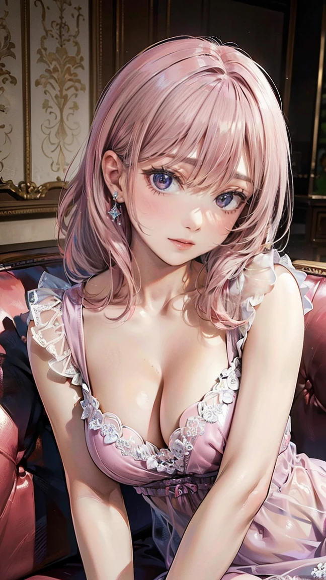 ((Highest quality, 8k, masterpiece :1.3)), (Sharp focus :1.2, Beautiful woman with perfect figure :1.4, Slim Abs), ((Big Breasts, Emphasize cleavage:1.2)), (Photorealistic:1.4), (realistic:1.4), (Pink Hair:1.5), Highly detailed face and skin texture, Fine grain, double eyelid. Makeup face, A little bit of lipstick, sex appeal, Sexy gravure pose, ((A beautiful woman in a mauve see-through dress、Showing off her legs while lying on a sofa in a modern living room。:1.3))