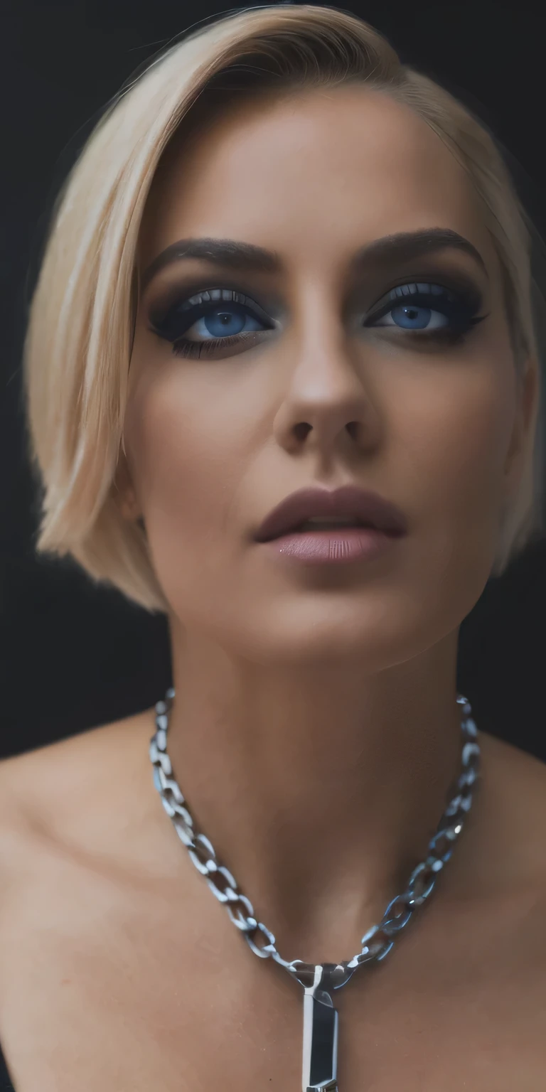 A beautiful, glamorous woman in her mid 30s, with short blonde hair, striking dark makeup, and an open, beautiful breast,cyberpunk inspired pose showcasing her intricate details and deep cleavage. Captured from a low angle perspective, the image exudes a sense of confidence and allure. (best quality,4k,8k,highres,masterpiece:1.2),ultra-detailed,(realistic,photorealistic,photo-realistic:1.37),beautiful detailed eyes,beautiful detailed lips,extremely detailed eyes and face,longeyelashes,portrait,glamour,cyberpunk,chains,deep cleavage,short blonde hair,dark makeup,open pose,low pov,closeup