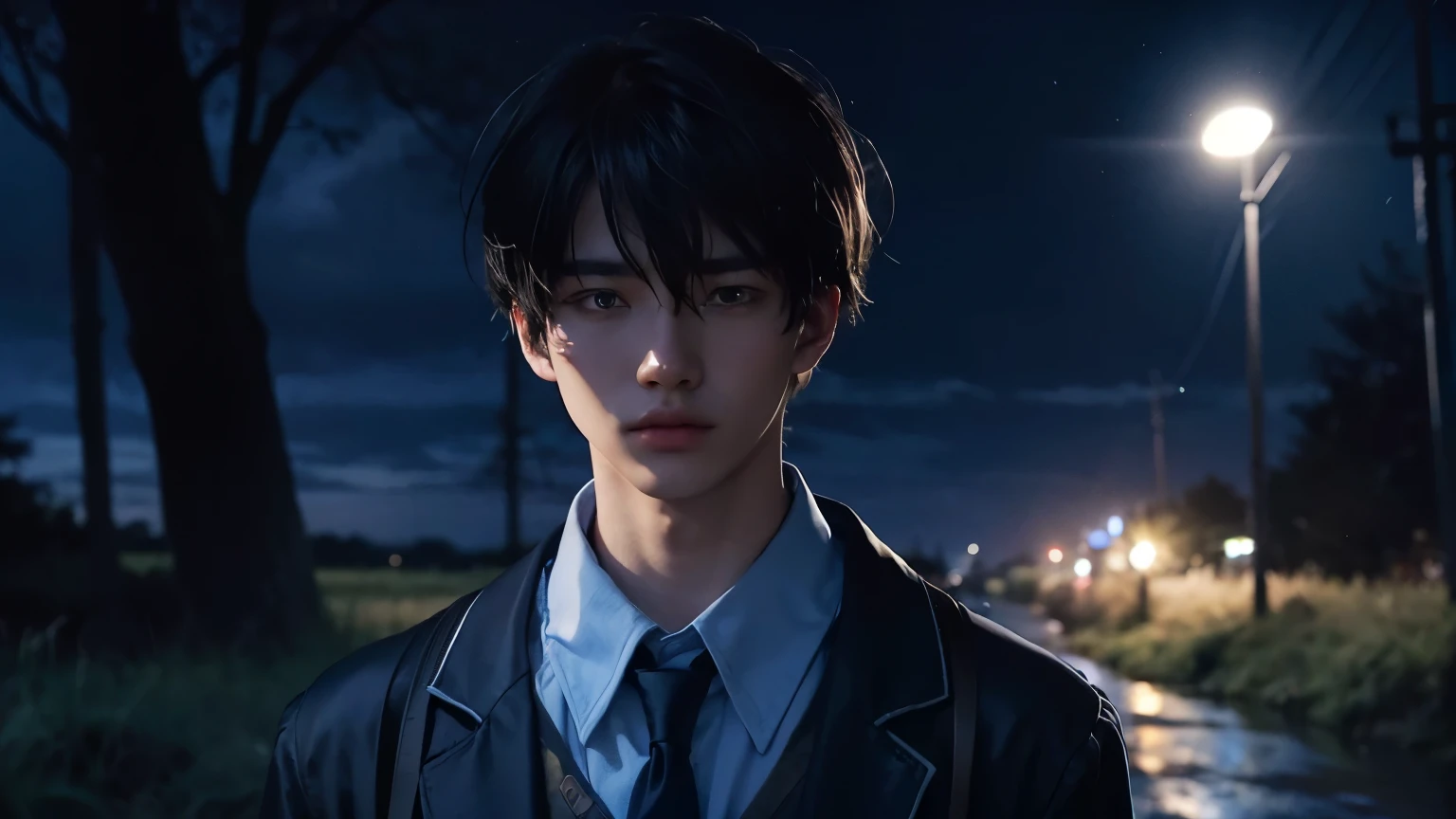 The time is night.Upper body close-up image. A beautiful man. Sixteen-year-old. He is wearing a high . Black hair. He is standing on a dark country road. The light of a mercury lamp illuminates him.