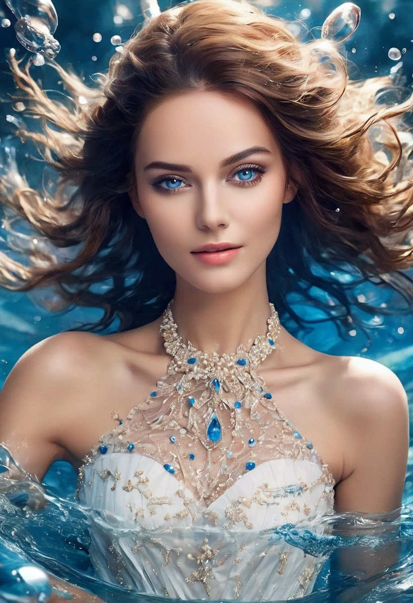 beautfull woman, dynamic pose, Smooth Movement, (water, white dress with water pearls, stream of water, controlling water:1.2), subtle smile, fully body, thin abs ,face ultra-detailed, detailedeyes, shining skin, Glossy Lips , brow, bushy eyebrows, detailed backgrounds, shades of blue, ethereal atmosphere, , (offcial art, Unity 8k papel de parede, ultra detaild, Beautiful and Aesthetic, master part ,best qualityer:1.3)