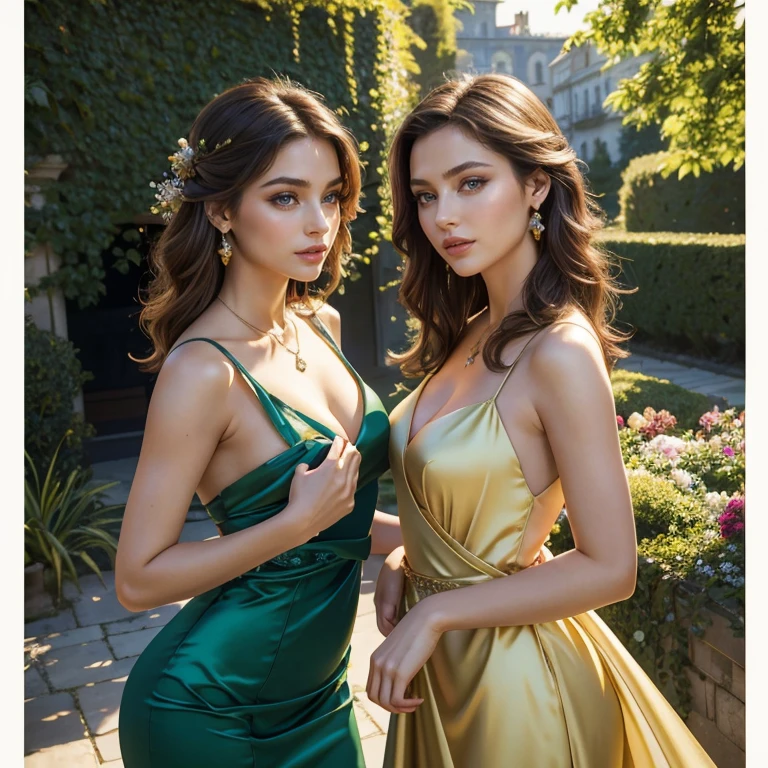 (masterpiece, best quality:1.5), highest quality, High resolution, super detailed, Realists, Upper body photo of a brunette woman, detailed and beautiful eyes, beautiful detailed lips, very detailed eyes and face, longeyelashes, Green ladies evening dress made of shiny satin, Beautiful and colorful makeup, elegant and noble々The jewelry bag, Gardens as background, soft daylight, bright colors, fine brushstrokes, Portrait style, Silk dress fabric, beautiful color palette, glowing skin, First-class rendering, that captures every detail, enchanting atmosphere, subtle shadows and lights, (perfect anatomy:1.2), (Two stunning women look flirtatious:1.4), (magnificent panorama view:1.2)
