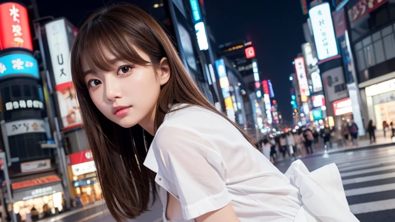 masterpiece、1 beautiful girl、Detailed eyes、Puffy eyes、Highest quality, 超High resolution, (Reality: 1.4), Cinema Lighting、Japanese、Asian Beauty、Korean、Super Beauty、Beautiful Skin、Slender、Body facing forward、(Surreal)、(High resolution)、(8k)、(Very detailed)、(Beautiful and detailed eyes)、(Ultra-detailed)、 (wallpaper)、Detailed face、Bright lighting、Professional Lighting、View your viewers、Look straight ahead、....、46 point diagonal bangs、Night Scenery、Brown Hair、Nogizaka Idol、Korean Idol、Gravure idol pose、、Age 35、expensive,White shirt、Black Mini Skirt、Big Breasts、Tokyo、