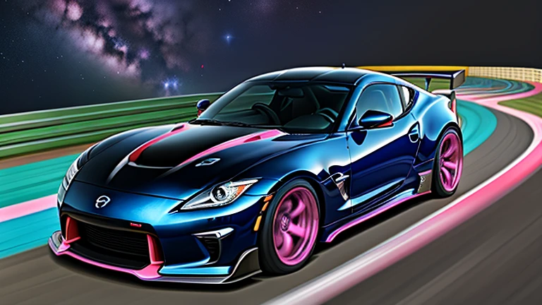 2 super sports cars Nissan 0Z blue and pink electric colors 3 shades, Speed along a very large transparent track in an underwater tunnel circuit that circles the Milky Way, Beautiful space planet with multi-hued cars on each side , Size 1600*1200 Full HD