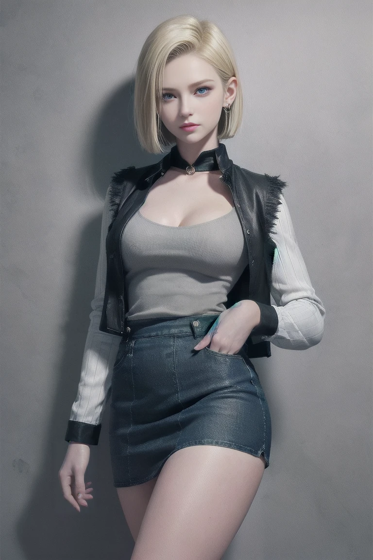 android 18, Blonde hair, Blue eyes, eyeslashes, hoop earings, Short hair, earring
bring, black sock, Black shirt, breast pocket, cleavage, clavicle, denim, denim skirt, high waisted skirt, jewelry, Long sleeves, Pocket, shirt, shirt tucked in, Skirt, streaked, Striped sleeves, waistcoat,Correct hands,