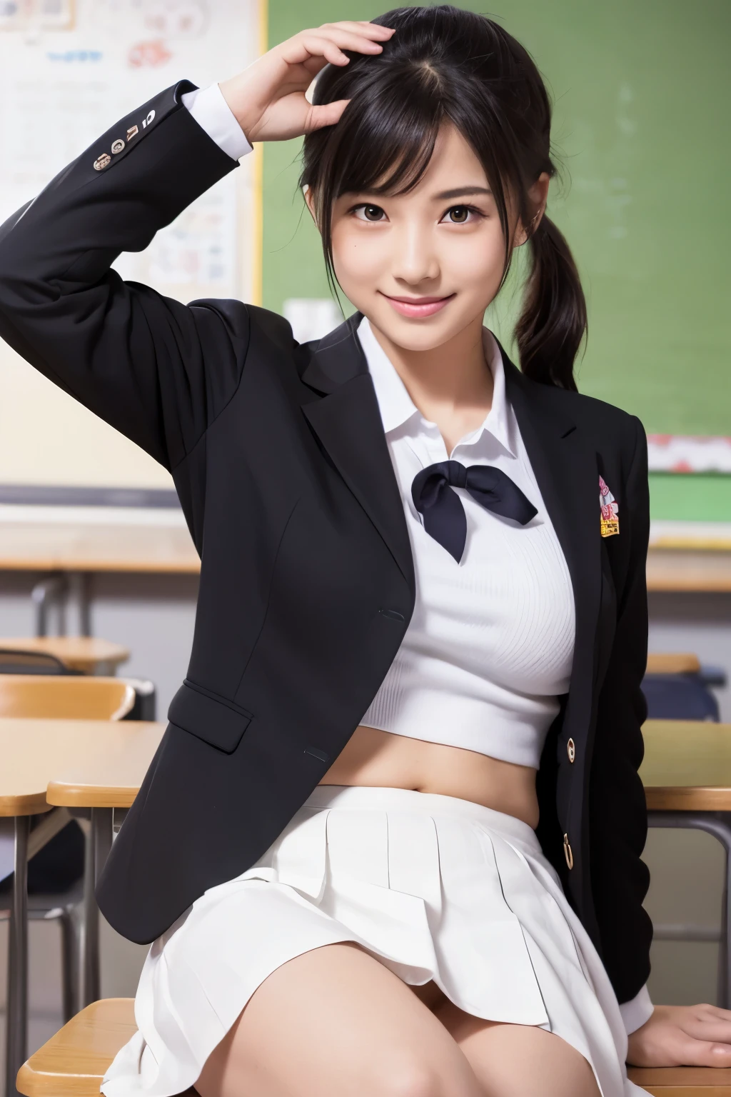 
One girl），(8k, Highest quality, masterpiece), (Realistic, Super detailed,Normal body，Beautiful body，Normal hand，Beautiful hands，Five fingers，Beautiful fingers）cute，Japanese，high school student，Bewitching atmosphere，Black Hair, ponytail，Cute eyes,smile，Beautiful Eyebrows，White Blazer Uniform，Belly button，Black Skirt，Very sexy，Large Breasts，whole body，sexy shot looking at camera，Detailed Background，classroom，
