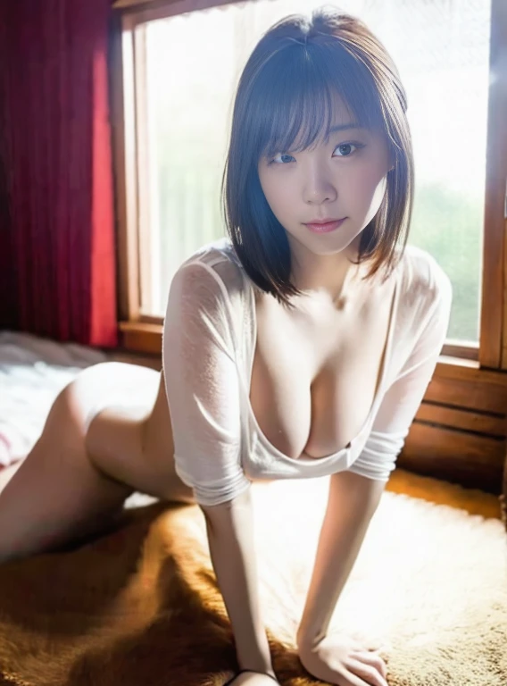 (high resolution、Highest quality、masterpiece、4K),(Bright room),One Girl、On all fours、to close range、blush、Kamimei、Staring at this、Loose fitting T-shirt, Cleavage, Small breasts, In the room, window, Cute pose, Beautiful pose, cuteness, Beautiful breasts, showing Cleavage, Highest quality、(Well good)、(I can see the nipples)