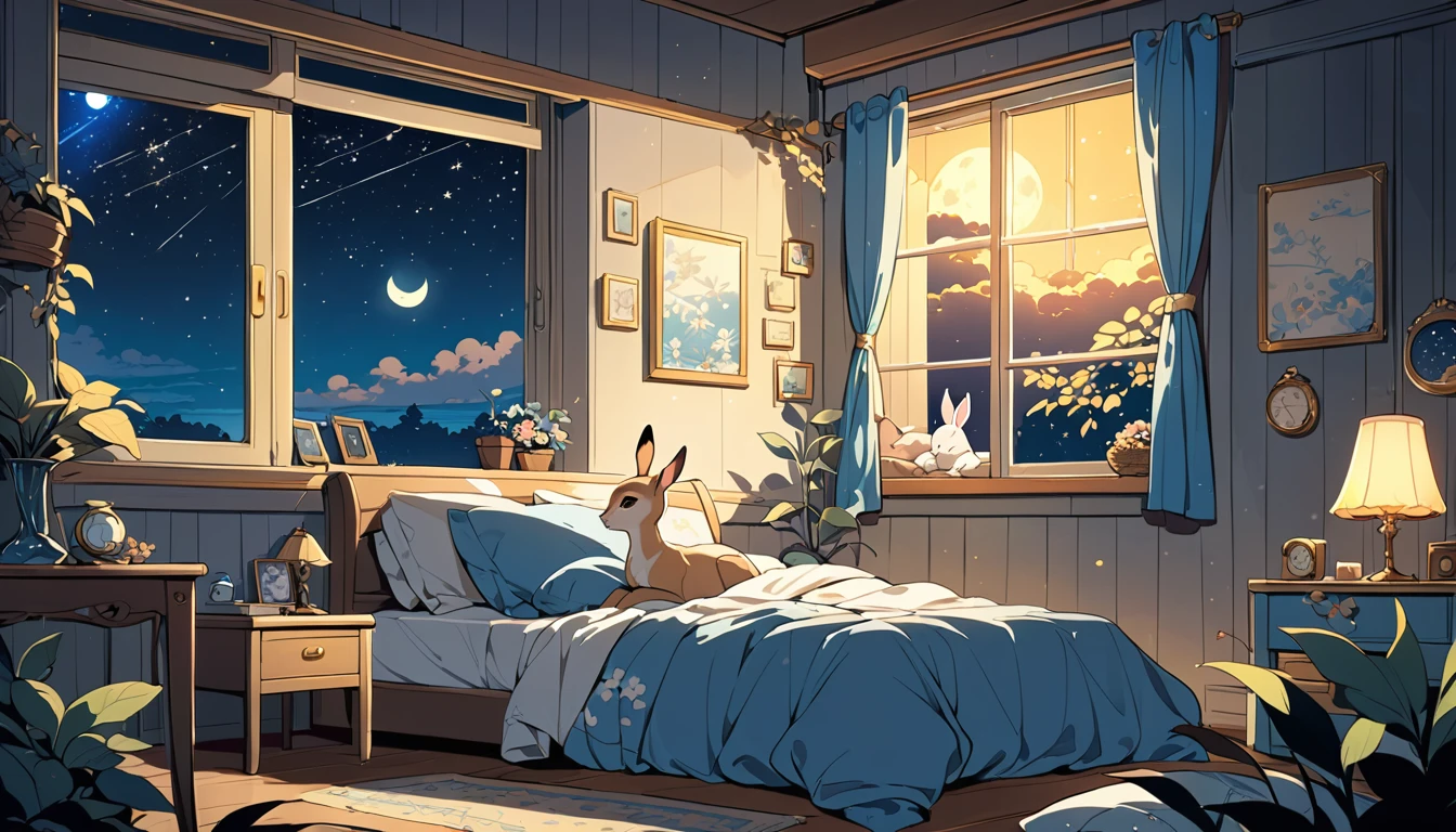 A stunning cartoon anime scene，Late Night，The sky is deep blue，A sky full of stars。A room with a cozy atmosphere，A cute gray rabbit，A cute fawn，Sleeping together，The moonlight shines in from the window。8k，high quality，Rich details。