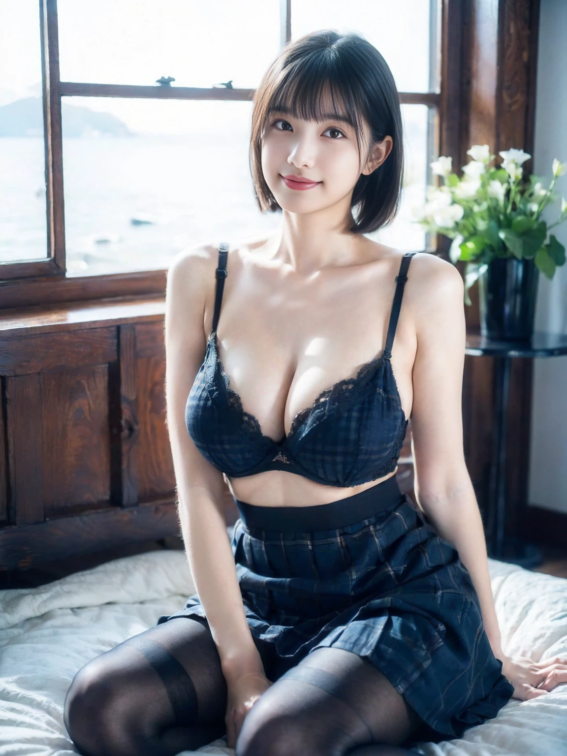 (masterpiece, realistic, photo-realistic:1.2), finely detail, ultra high res, perfect anatomy, best quality, 8K, soft focus, (embarrassed, smile:1.2), (1girl, Japanese short girl, nsfw, idol, undressing bra, bare nipples, pleated plaid blue skirt, ribbons, pantyhose:1.2), cowboy shot, (black straight hair, short hair, blunt bangs:1.2), beautiful detailed face and big eyes, (glowing fair skin:1.2), (pointed huge breasts, gigantic breasts:1.2), (bloom, awesome detailed suite room, sitting on gorgeous bed, wide window with ocean scenery, expensive furniture, flowers in planter:1.2), looking at viewer, shitting pose emphasized breasts,