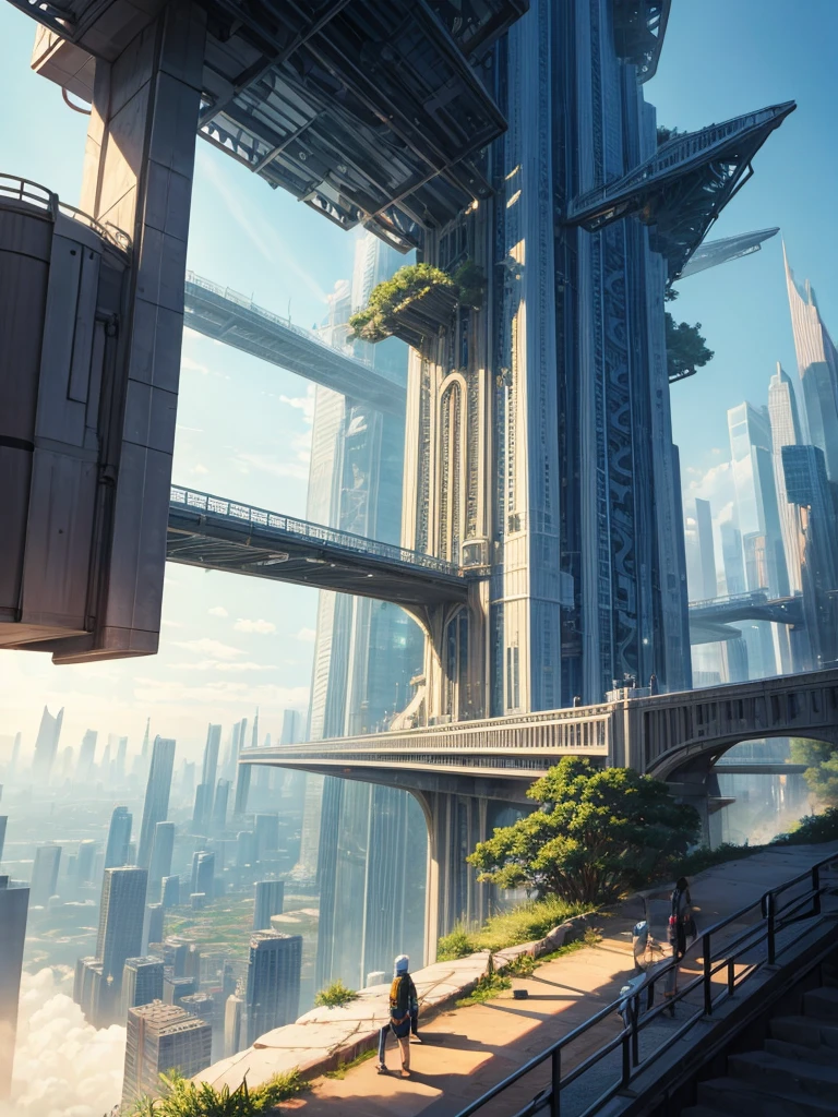 Combine Natural Landscape with futuristic elements like skyscrapers in Midjourney manga style 