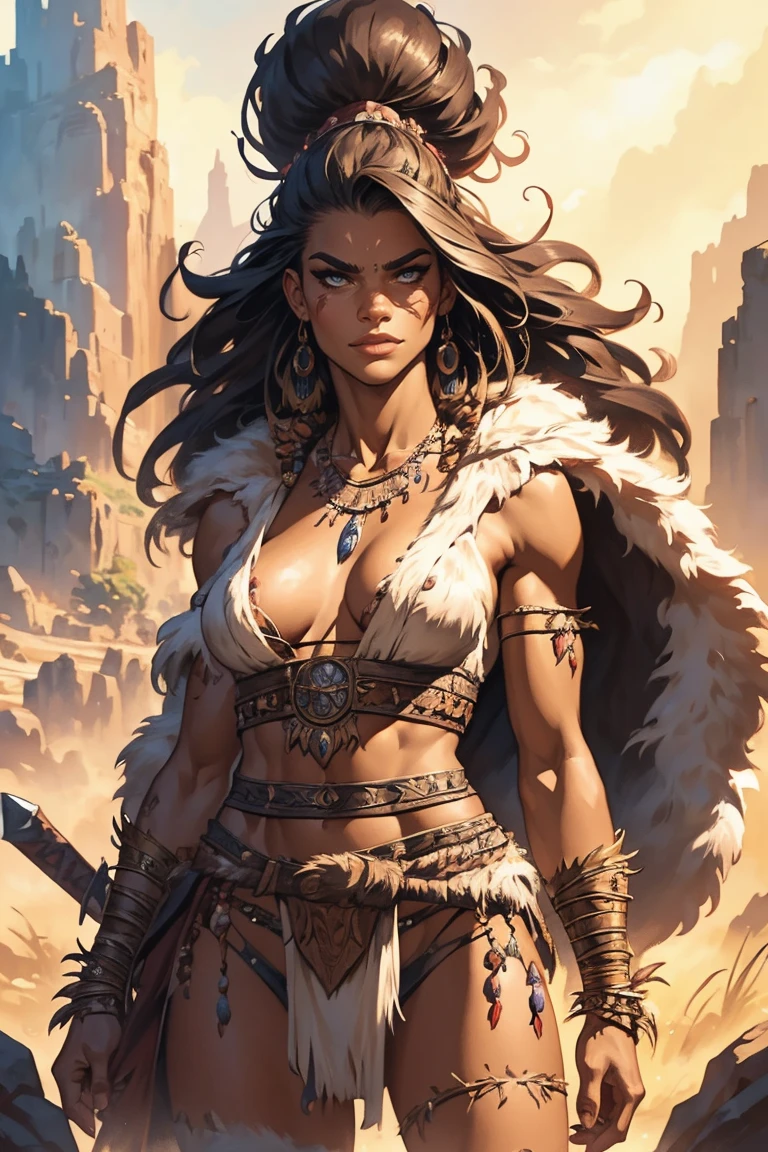 a naked female barbarian shaman based on Zendaya, she wears a cloak made of animal hides, highly detailed cinematic fantasy illustration, black outlining, full color illustration, in the style of BORIS VALLEJO & JULIE BELL, masterpiece, 8k, ultra-detailed, physically-based rendering, vivid colors, dramatic lighting, intricate background, photorealistic