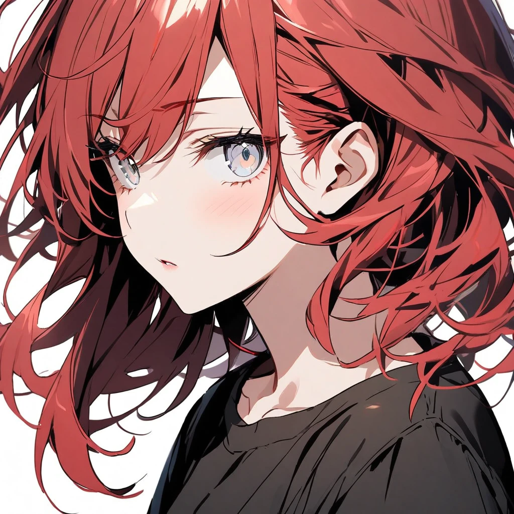 red hair, white eyes, black shirt