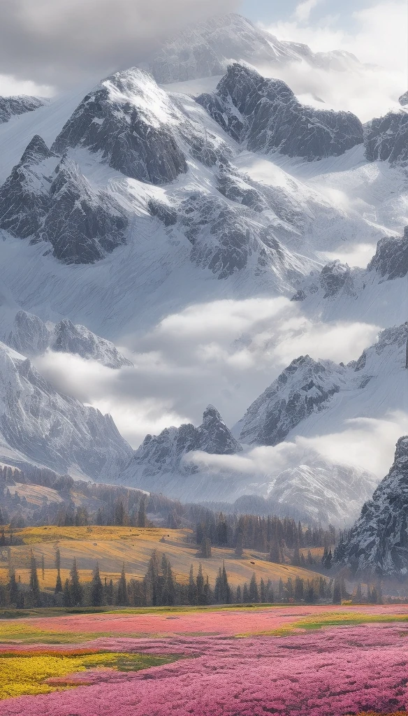 Field of flowers and snowy mountains and a partly cloudy day, beautiful view, panoramic mountain getaways in the foreground vertical view, scary 