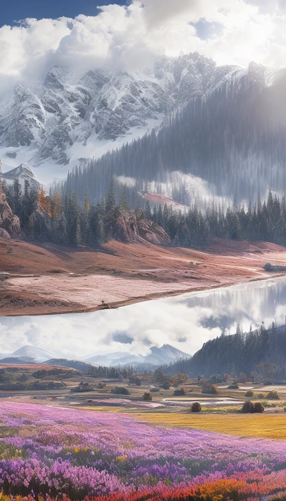 Field of flowers and snowy mountains and a partly cloudy day, beautiful view, panoramic mountain getaways in the foreground vertical view, scary 