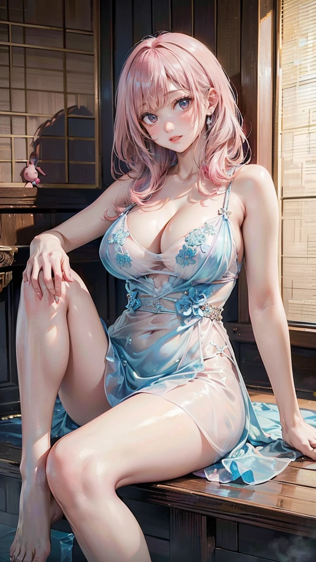 (Masterpiece, BestQuality:1.3), (ultra detailed:1.2), (hyperrealistic:1.3), (RAW photo:1.2), High detail RAW color photo, professional photograph, (Photorealistic:1.4), (realistic:1.4), (Pink Hair:1.5), professional lighting, perfect anatomy, (Big Breasts:1.2), (blush, detailed face), (cheerful Smile:1.5), Trending Hair&Trending Hairカラーをランダムに, earrings, necklace, bracelet, sexly, erotic sexly, Random sexy gravure poses, (Wearing a blue silk gown、Sexy beauty relaxing in bedroom。While gently touching her long wavy hair、Lying in bed。: 1.3)