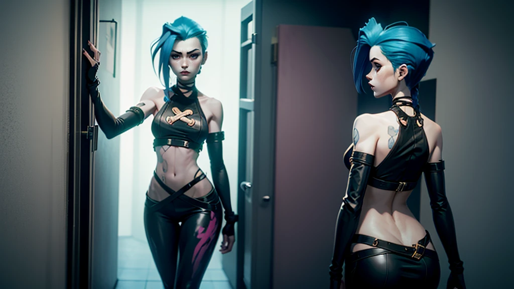 Dark room, adult girl, glow in the dark paint on the walls, drawings on the walls, Arcane style, Arcane's Jinx (character design 1.1.), Very detailed. Anime style, The secret of animation, gloomy composition, The Gloomy Room, luminescent paint on the walls, drawings on the walls, gloomy atmosphere, glowing pink eyes (highly detailed glowing pink eyes, pink pupils 1.1), Pink pupils, very detailed eyes, Beautiful figure, a 1girl, Beautiful figure (Proper Anatopy 1.1.), in full height (Body Full 1.1), Slender figure, shapely legs, Blue hair, hairlong, Skinny black leather pants, Very detailed face, Very beautiful face, Very sexy ass, in full height (Body Full 1.1), small elastic breasts, Little ass, Beautiful slim figure, small buttocks, black tight suit, tmasterpiece,beste-Qualit,higly detailed,Visible to the feet, 8K resolution, High Sharp, higly detailed,a perfect face, detailed face and body, expressive look,Heightened sexuality,