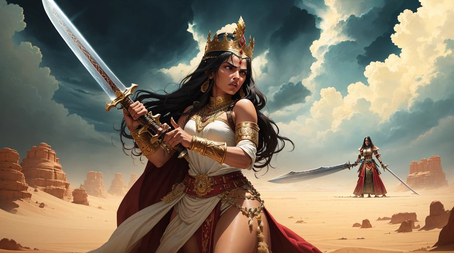 A digital illustration of a furious queen fighting off monsters with a grand sword in a desert settings with enemies and dark clouds in the background. She is wearing traditional Indian queen outfit
