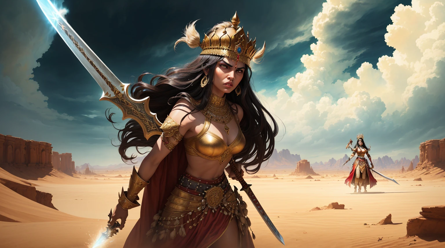 A digital illustration of a furious queen fighting off monsters with a grand sword in a desert settings with enemies and dark clouds in the background. She is wearing traditional Indian queen outfit