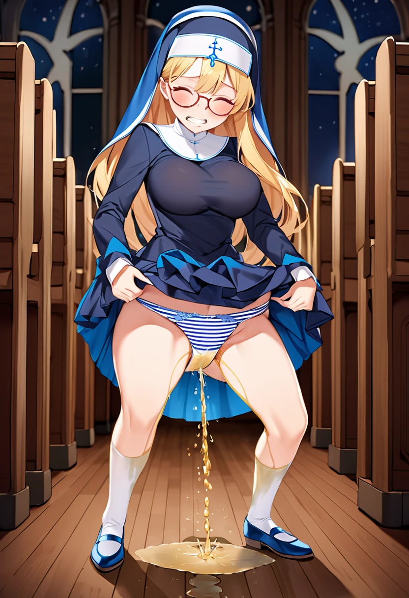 NSFW, (masterpiece, top quality, best quality, highly detailed:1.6), extremely detailed CG unity 8k wallpaper, (woman, indoor, blue nun, long skirt, In the church:2.5), (at midnight:2.5), (full body), wide shot, long shot, (Open your knees, Lift up the hem of the skirt with both hands, Show your panty:4), (crotch, pussy, urethra), (lite blue striped pattern panties:2.5), (Peeing with panties on, Pee stains spreading on panties, pee running down legs:2), (standing:2.5), (((Lift up the skirt high, Peeing with panty on))), Pee excreted with force, Urine that is discharged from the urethra in a parabolic arc, strong facial expression, (sharp eye:1.2), (scowl:1.1), (embarrassed,blush:1.3), (steam:2), (wet:1.1), (sweat:1.1), (trembling:1.3), (open mouth, wavy mouth:1.4), (clenched teeth:1.7), (closed eyes:1.5), (feeling weak:1.5), (bravery crying, sobbing:1.5), (shoot from front, looking at viewer:1.2), (squatting, skirt lift, clutching skirt:2), (round glasses:1.5), (very long hair, Extra long hair, blonde hair:1.7), (woman trembling with sexual climax:1.5), colorful, full body, wide shot, perfect composition, (panty, panties), urination, incontinence, piss, peeing self, (((pee stream))), (pee puddle), Wetting herself, pee stain, large breasts, Yellow pee, ((leaking pee)), puddle of pee, Pee at your feet, Pee spread on the floor, Pee stains, Dripping pee between my legs, Feet Wet from pee, Pee-covered feet, Pee at your feet, want to pee, about to pee, Full bladder, Pee-soaked skirt, natural makeup,