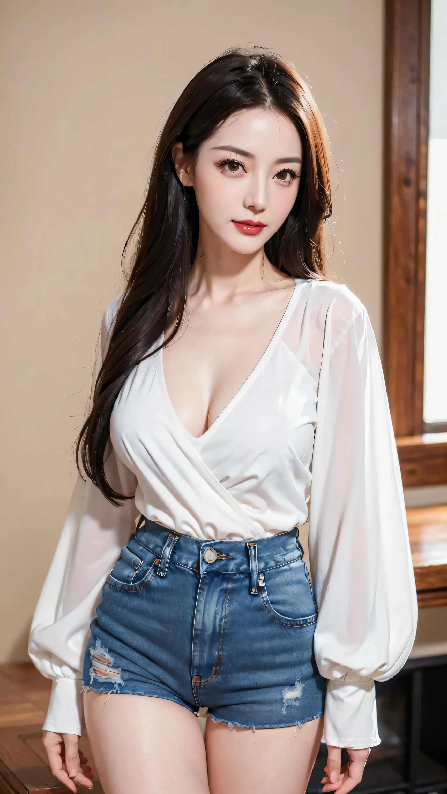 ((RAW photograph, Realistic photo, Best quality, 8K, Masterpiece: 1.3)), (raw photo:1.2), Hyperrealist portrait gorgeous Beautiful Chinese woman, mature woman, 40 years old, pretty slender body, (beautiful breast: 1.2), very detailed eyes and face, (lustfully naughty face, crimson red lip, heavy makeup: 1.3, blushing), beautiful detailed eyes, seductive sharp eyes, (charming smile: 1.2), smooth white skin, photo realistic, very detailed faces, ((v-neck white chiffon long sleeved shirt, black denim tight shorts)), (long legs: 1.2, beautiful long nails), loose curls hairstyle, ((standing poses)), (home living room background)