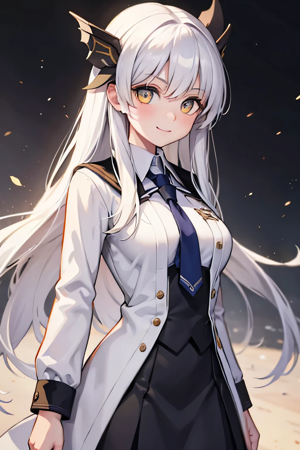 a student girl, white hair, yellow eyes, serious smile