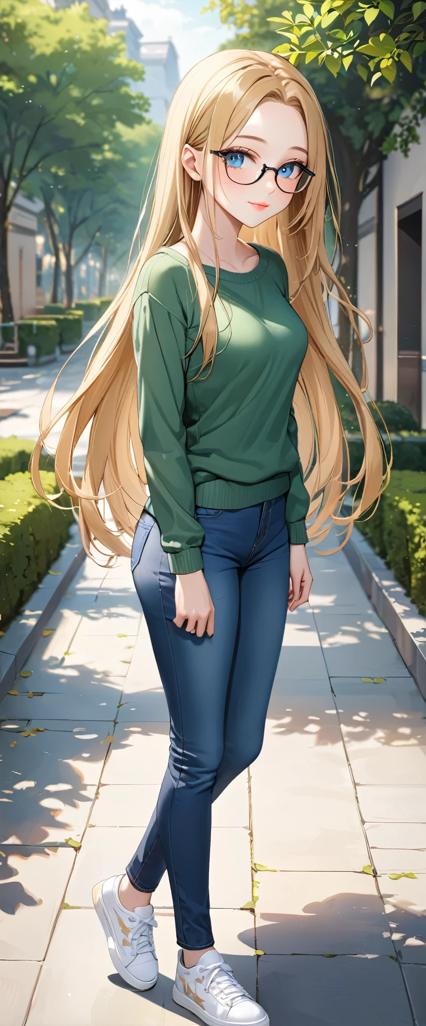 ((best quality, masterpiece:1.3, 8K)), (detailed), highly detailed face and skin texture, detailed eyes, full body, outdoor, (slender body:1.1), 1girl, (solo), (18+ years old), white skin, blue eyes, glasses, bright lips, seductive smile, long hair, straight hair, blonde hair, forehead, green sweater, long sleeves, medium breast, skinny jeans:1.2, white sneakers,