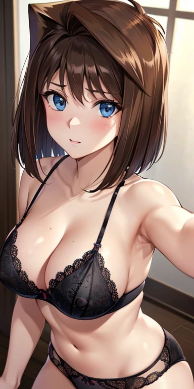 1 Female,High definition,high resolution,Ultra-realistic,8K,aamazaki, (antenna hair:1.2), brown hair,blue eyes,European,sexy,Upper body close-up,Photographed from the front,Dynamic Angles,private teacher,blush, huge tits, nipples ,show ,(black lace bra),(black lace panties),(top view),(selfie)