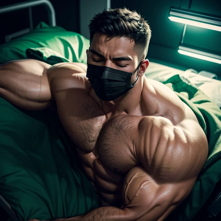 a young man, with his eyes closed, massively muscular, with massively large muscles, with massively large biceps, with massively large arms, shirtless, wearing a mask covering his face, lying on a hospital gurney, on a background black and dark with a very strong green light, seen from very high