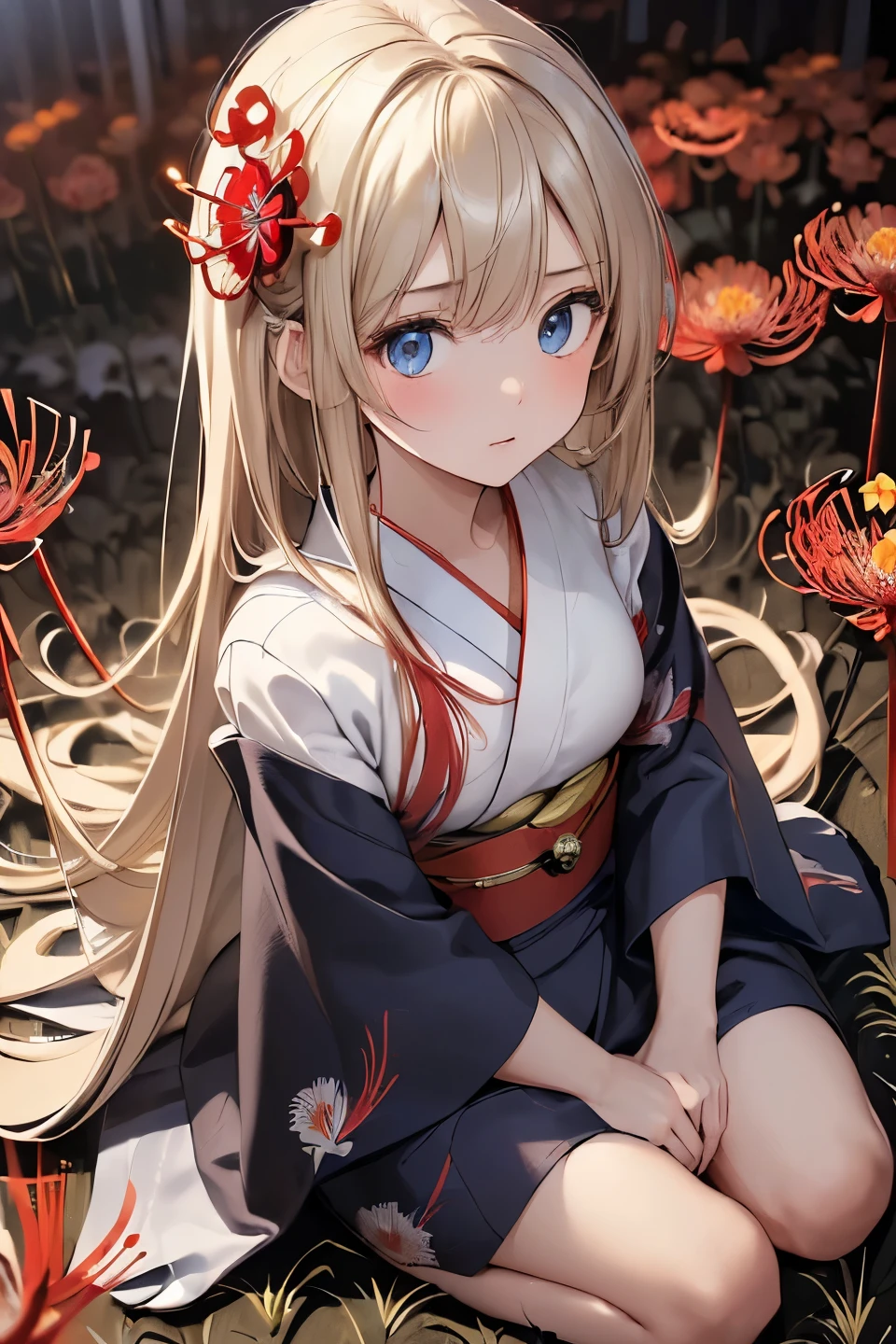 (masterpiece, best quality, 8k, ultra detailed, ultra high res:1.3), (anime style:1.2), (fractal art:1.2), 
1girl, 
BREAK (long hair, wavy hair, blonde hair), (Blue eyes:1.3), (solid yukata, White yukata:1.5), (sad, scared:1.2),  
BREAK full body, looking at  viewer, (sitting, wariza, shoot from above:1.5), 
BREAK (Red spider lily, Higanbana, field of flowers:1.4), (at night, dark, horor, fear:1.5), outdoor, outside, 