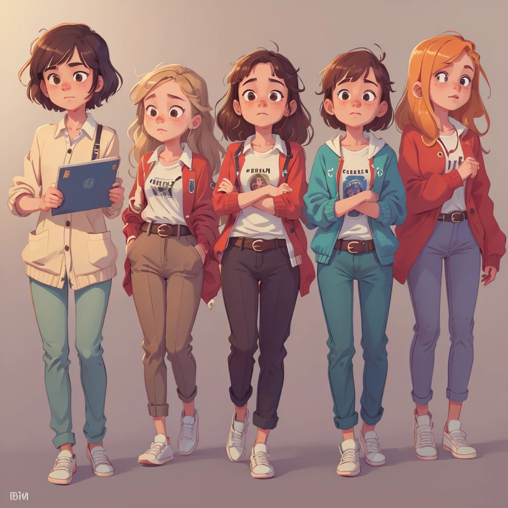 ((masterpiece)), (((Best quality))), illustration, group of agers, freckles, Different hair color, school clothes, Vyazannaya cardigan, trousers, White shirt, belt, relaxed posture, (simple background: 1.3) ,--6