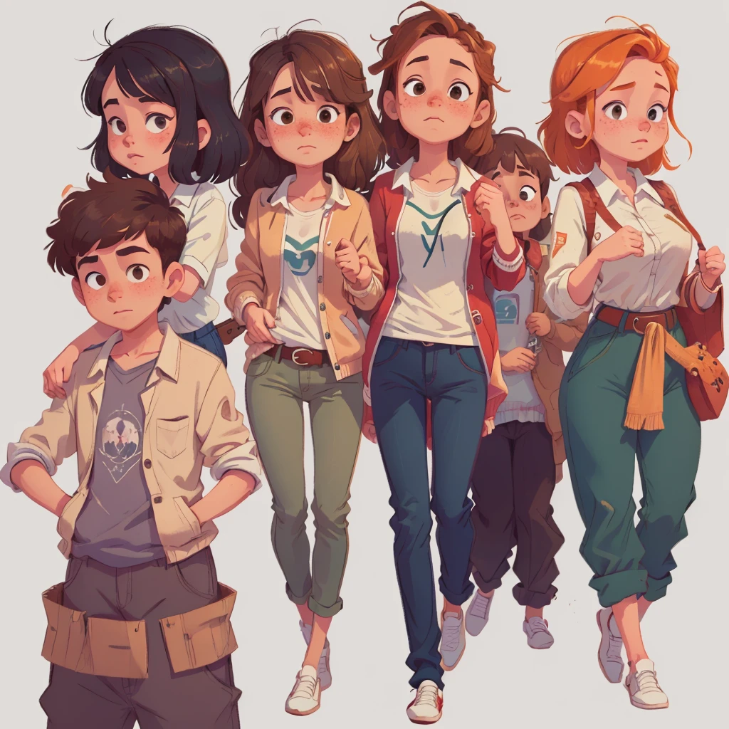 ((masterpiece)), (((Best quality))), illustration, group of agers, freckles, Different hair color, school clothes, Vyazannaya cardigan, trousers, White shirt, belt, relaxed posture, (simple background: 1.3) ,--6