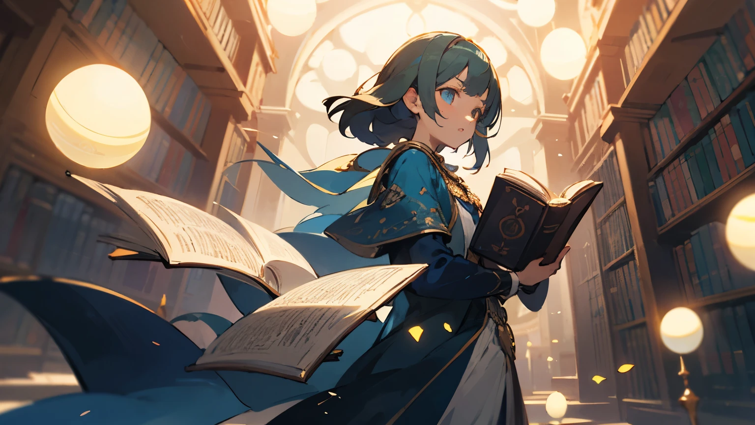 "Vast, magical library with floating books and scrolls. Towering bookshelves, magical glowing orbs of light. Enchanted artifacts and mysterious tomes. Hints of hidden knowledge."