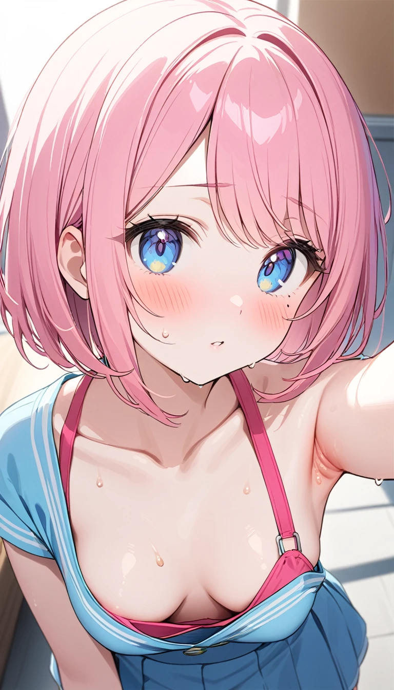 (1 girl),(Best Picture Quality, 8K, Masterpiece:1.3), (high school student:1.5), ((pink lob hair:1.1)), (bob cut),(swept bangs), (cute eyes, pupil black, iris skyblue, youthful face), (mole under right eye), (standard weight), (small breasts), (glistening skin:1.1),(pale skin:1.2),((Put a thermometer in your armpit)),((summer fashion)),(portrait),(blush:1.2),((sweat:1.3)),(Nipple Slip),(from above).