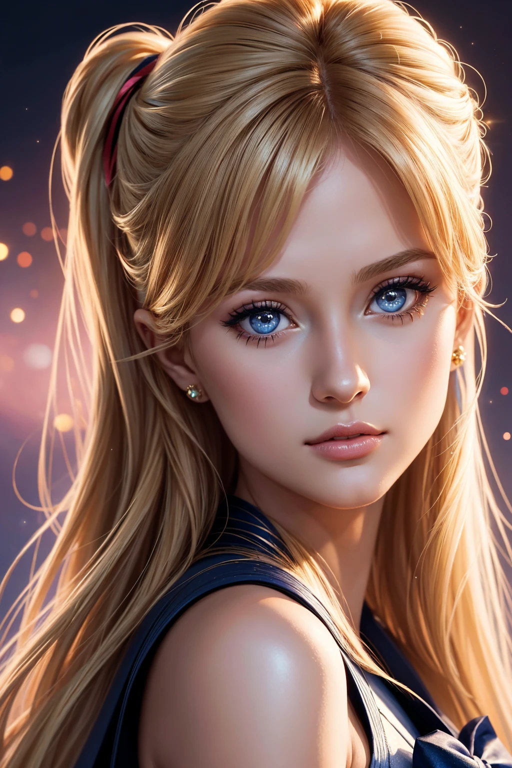 portrait Paris Hilton, wearing sailor moon costume, against the background of the anime "Sailor Moon", character portrait, 3 9 9 0 s, wavy hair, intricate, elegant, highly detailed, digital painting, artstation, concept art, smooth, sharp focus, illustration, art by wlop, charlie bowater and alexandra fomina, 36k, glittering, shining, correct anatomy