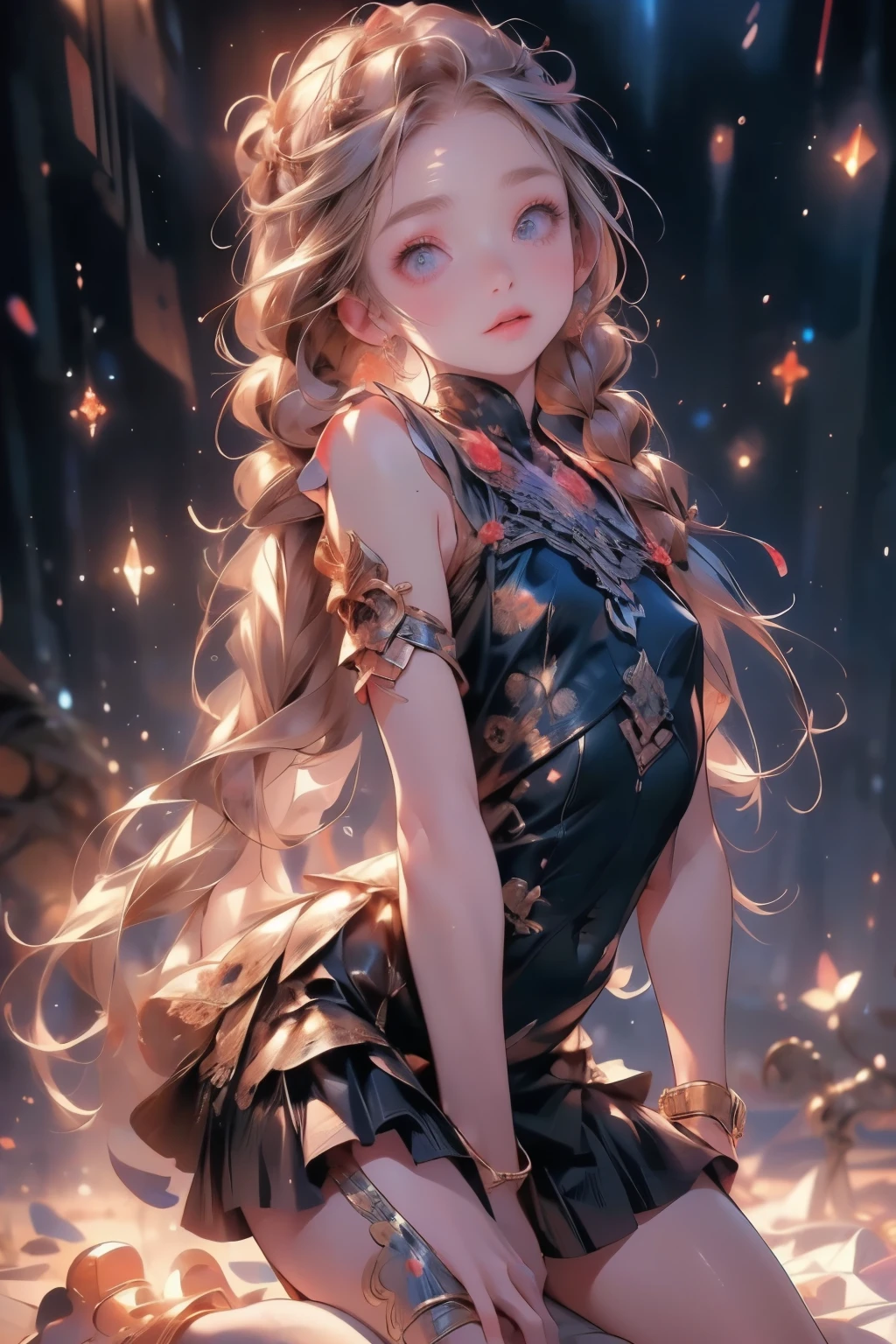 ((best quality)), ((masterpiece)), (detailed), 1girl, (big forhead:1.2),extremely detailed cute anime face, (((flat chest))), (flat chest:1.1),((((long twin braids,tight braids,long braid,braided hair,long hair)))),intricate eyes,beautiful detailed eyes,symmetrical eyes,(((detailed face))),beautiful detailed lips, dynamic pose, looking at this, resolved, resolute, highres,(best quality),(ultra detailed,extremely detailed),perfect face details, ((masterpiece:1.4, best quality))+, (ultra detailed)+, long twintails, cute girl, (flat chest:1.1), small breasts, slim body, skinny, prominent collarbones, skinny arms, flat stomach, visible hip bones, long hair, red hair, white hair, blonde hair, dark hair, ponytail, thick ponytail, heavy ponytail, small breasts, perfect face, small breasts (flat chest:1.1),  Detailed body，Full limbs, (flat chest:1.1), (Armor shaped like a skeleton:1.3),  terrifying, nightmarish, cosmic horror, a heavenly female knight, red and white clothing, occult aesthetic, occult, detailed and intricate steampunk and detailed gothic, Fluttering lace flared long knee length dress with frilly petticoats, knee length dress, pleated petticoats, petticoats gothic, complex lace boots, gothic aesthetic, wielding a mighty sword with mechanical components, mandalas, full body, whole body, body, chains,
