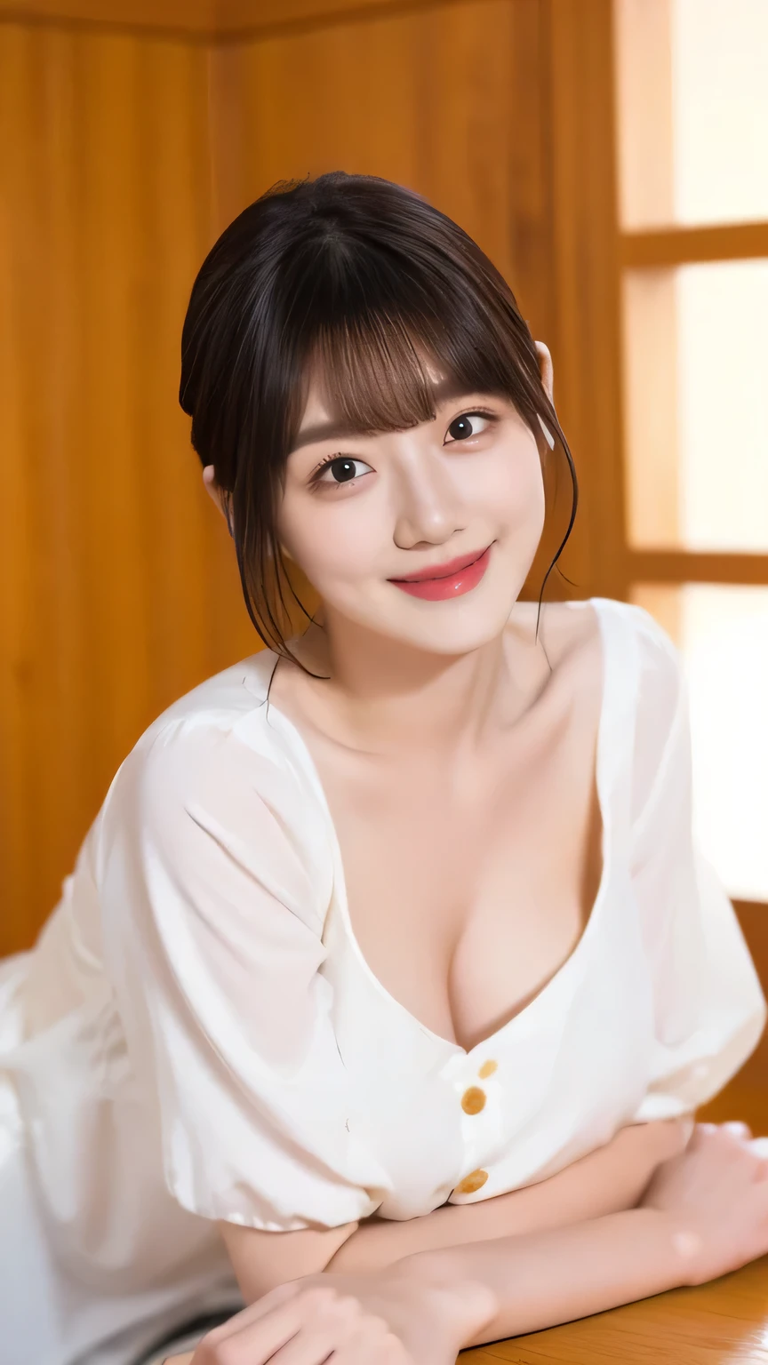 masterpiece, Highest quality, 8k,Ultra-high resolution、Head to knee photo、 20th Generation, Large Breasts, cute, alone, smile、cute, Girlish, cute、Delicate girl, Pure beauty, RAW Photos, Professional photography, Soft Light, Professional Lighting, Backlight, avert your eyes, Sophisticated, Film Grain, (Eye and facial details:1.0), Floating Hair、Short Bob、,Asymmetrical bangs, Round face、Young Face、((Leaning forward))、(Large Breasts:1.4)、Her cleavage is visible、Nipples are visible:1.8,、((lightweight white blouse、The button is off))、Voluptuous thighs:1.6、Translucent white skin、dolly make、(Heterochromia iridis、The left and right eyes are different colors)、whole body
