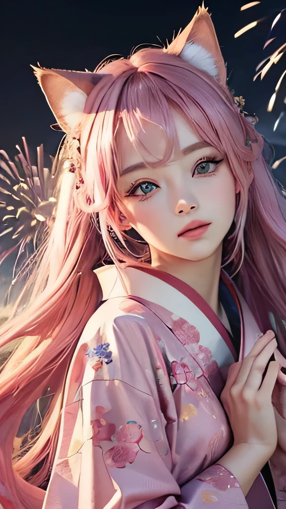 ((Highest quality))、((masterpiece))、(detailed)、High resolution、One personの女の子、Pink Hair、Beautiful eyes、kimono、I pray、Put your hands together、(Be confident:1.4)、(One person:1.4)、Fireworks in the background、Cat ear