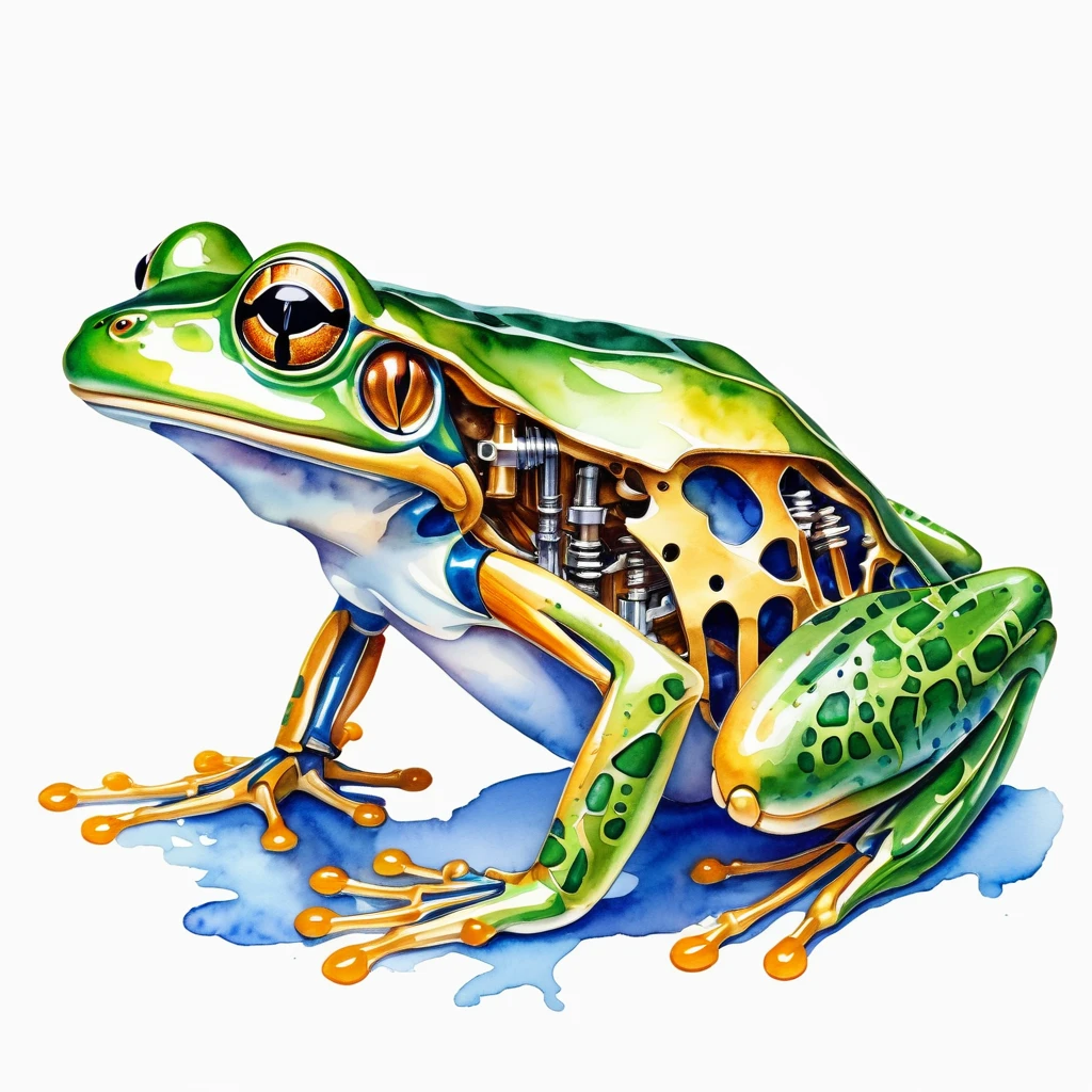 (best quality, high resolution, Watercolor mechanical frog,Mechanical skeleton