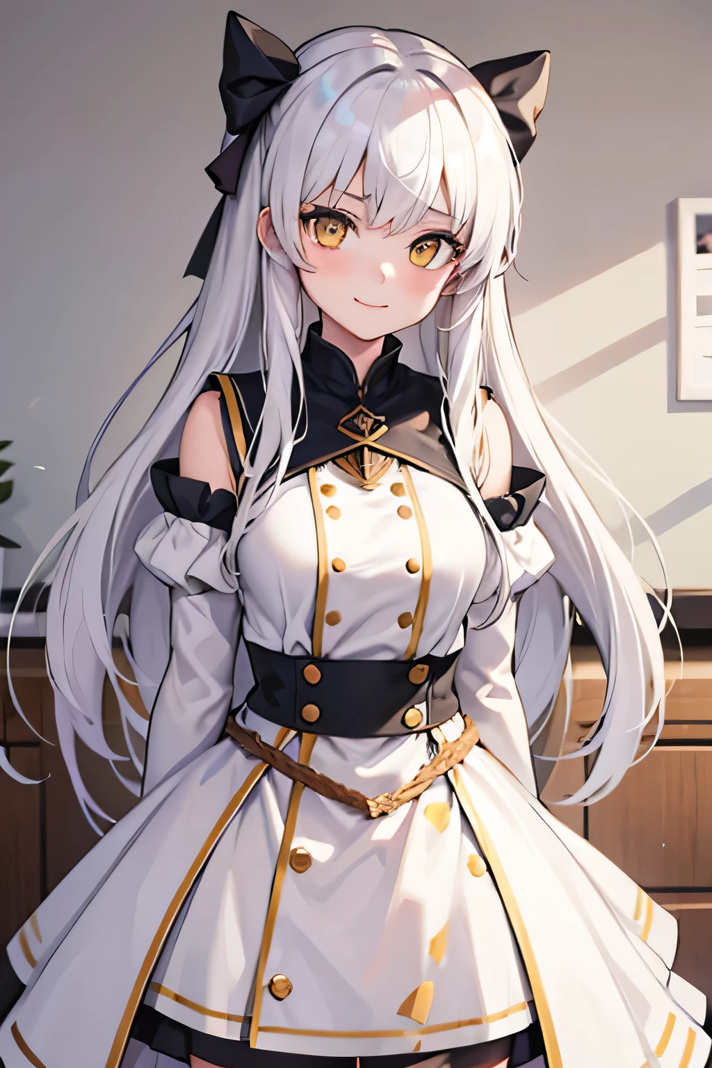 a student girl, white hair, yellow eyes, serious smile