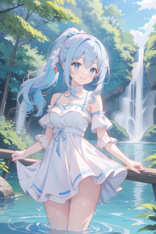 One Girl、Light blue hair、High Ponytail、In a dress、Lake in the forest、Girl in the water、Thigh-deep in water、smile、You can see the waterfall behind