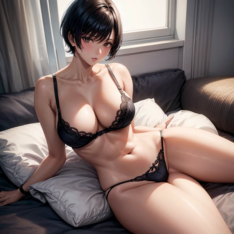 A woman with short black hair, large breasts, panties and bra, lies on her stomach and has her back turned to her.