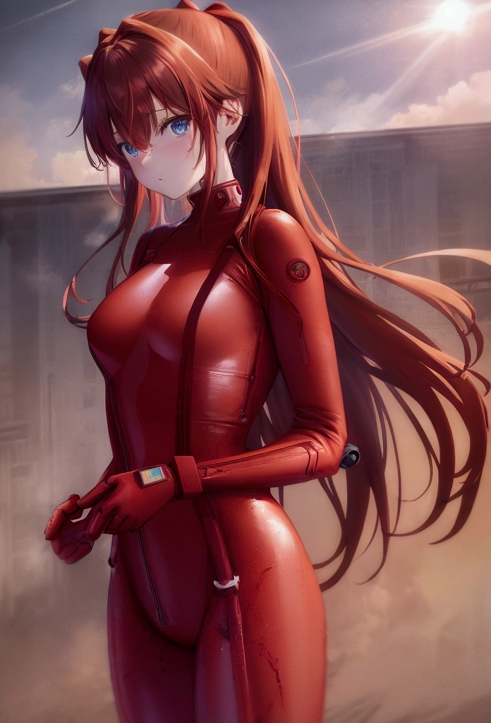 Sugar Angle, Soryu Asuka Langley, (Soryu Asuka Langley:1.2), Long Hair, bangs, blue eyes, Brown Hair, hair ornaments, break bodysuit, Pilot Suit, Plug Suit, (Red bodysuit:1.5), Interface Headset, break outdoors, city, null, cloud, sun, break looking at viewer, (Cowboy Shot:1.5), break (masterpiece:1.2), Highest quality, High resolution, unity 8k wallpaper, (figure:0.8), (Beautiful attention to detail:1.6), Highly detailed face, Perfect lighting, Highly detailed CG, (Perfect hands, Perfect Anatomy),