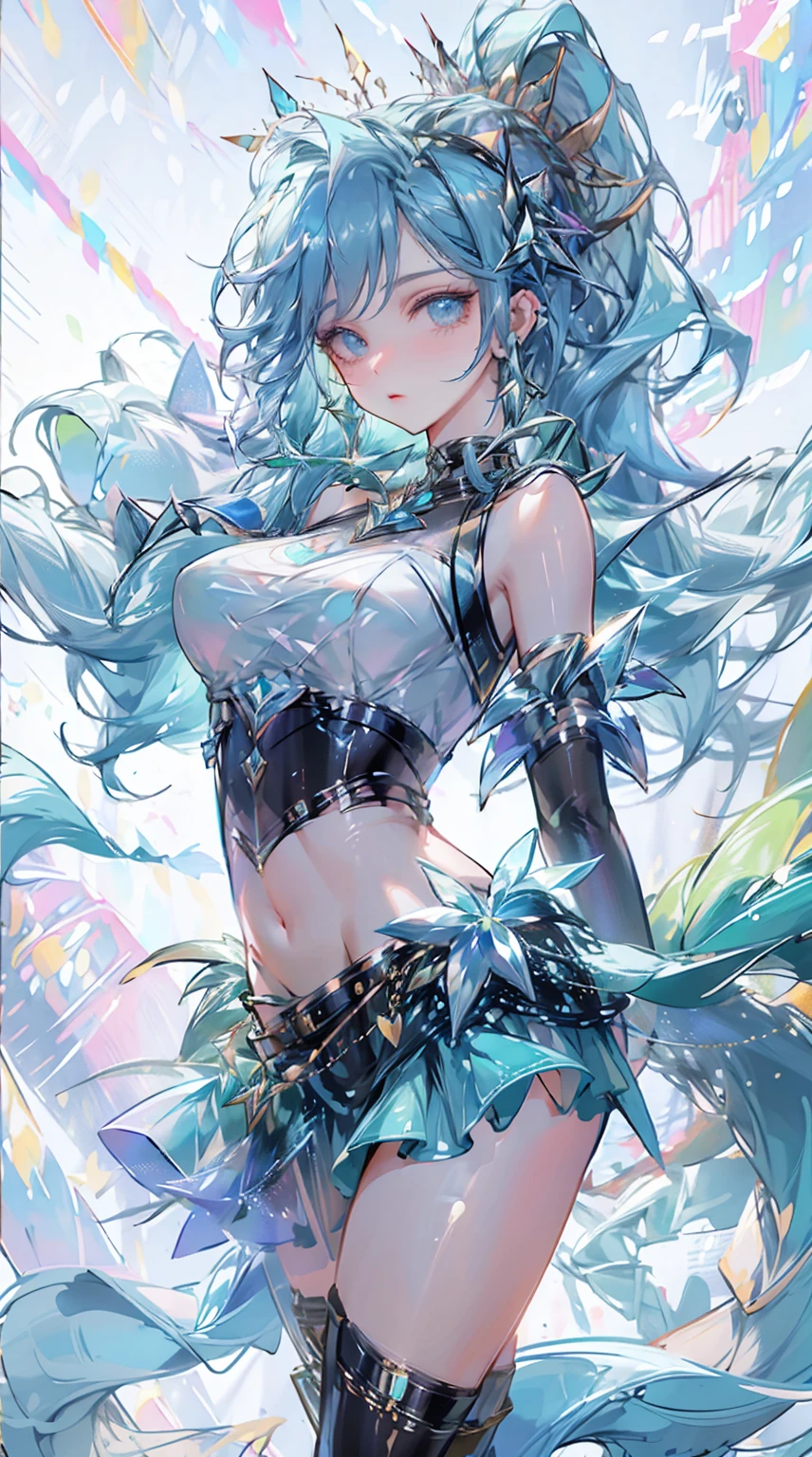 Best quality,Ultra-high resolution,1girll,solo,full bodyesbian,Snow,City,, Blue hair,Green eyes,JK,,