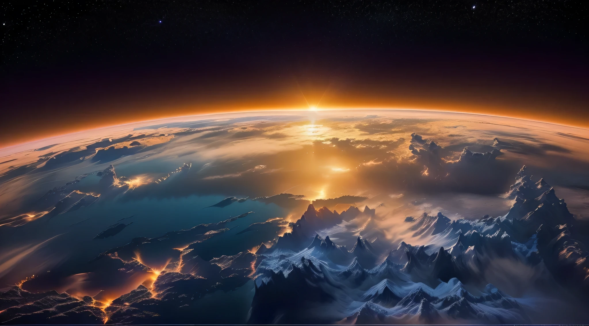 Landscape of Earth at night with the sun rising from the horizon, photo from space, Space atmosphere, view from space earth, Photos of the earth shot from space, Space photos, Space photosgraphy, looming over Earth from space, View from Space, Covering the earth, Highly detailed atmosphere, View from space, Earth from space, Covering the Earth, shot from space