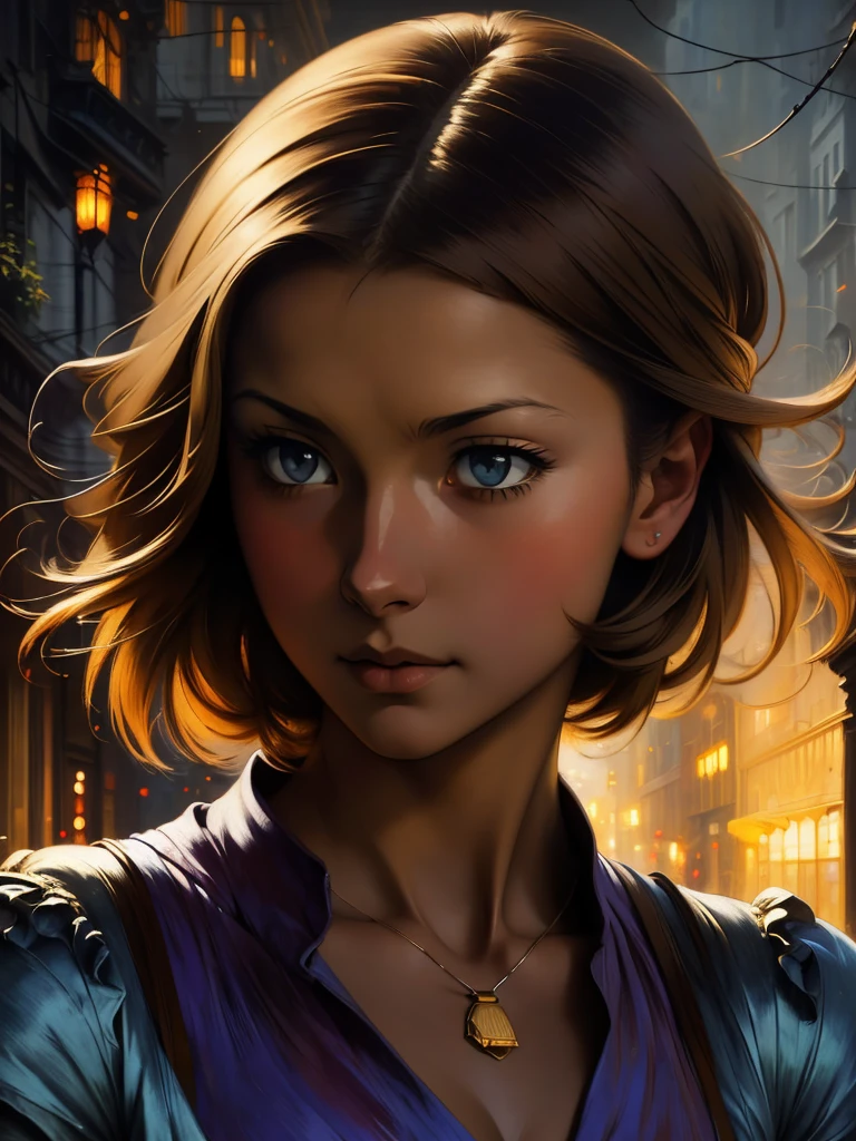 ((Solo Beautiful european woman with dark skin and striking eyes)),  shadowed interior background, art by akihiko yoshida, manga art style, colorfield illustration, scary atmosphere, global illumination, by frank frazetta, art by goro fujita, glamor shot, banner, blur, anime key visual, (blue, yellow and gray colors), photorealistic dramatic anime girl, intricately detailed, chiaroscuro, pino daeni, impressionist (best quality, masterpiece)