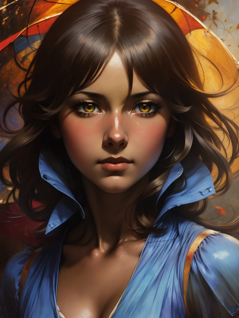((Solo Beautiful european woman with dark skin and striking eyes)),  shadowed interior background, art by akihiko yoshida, manga art style, colorfield illustration, scary atmosphere, global illumination, by frank frazetta, art by goro fujita, glamor shot, banner, blur, anime key visual, (blue, yellow and gray colors), photorealistic dramatic anime girl, intricately detailed, chiaroscuro, pino daeni, impressionist (best quality, masterpiece)