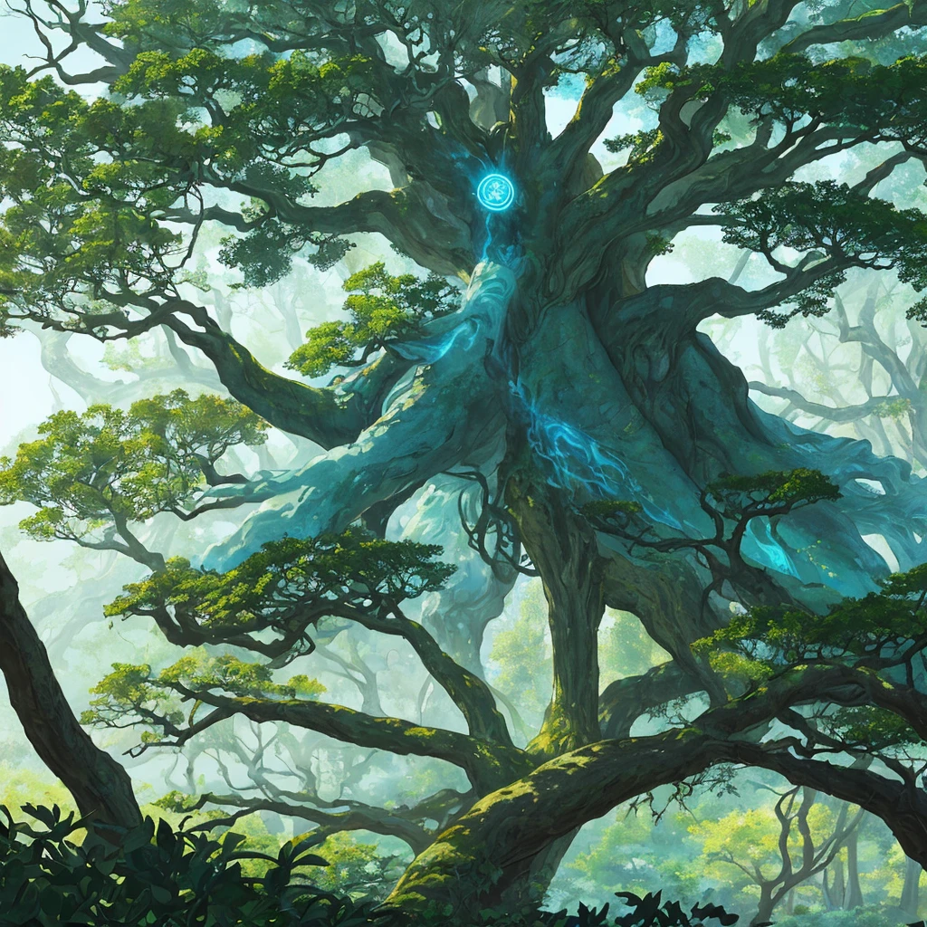 Against the backdrop of a vibrant anime, a majestic ancient tree dominates the center of the scene. Its thick, twisted branches, loaded with history and power, reach out like protective arms. The lush green leaves seem to whisper ancient secrets in the wind. to the left, a mystical symbol, surrounded by a circle of golden light, emanates an enigmatic energy. The light emanating from the symbol appears to be connecting with the tree, suggesting a deep link between nature and magic. o fundo, with soft shades of blue and green, adds a sense of peace and harmony to the environment, as if the place were a sacred refuge where time moves slower.